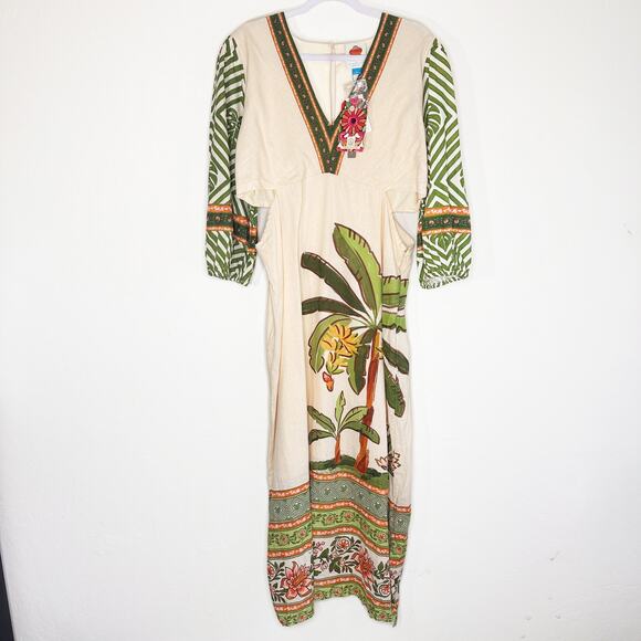NWT Anthropologie Farm Rio Palm Tree V Neck Puff Sleeve Cut Out Waist Midi Dress - Picture 15 of 15